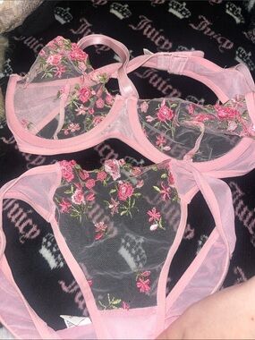 NEVER WORN Fashion Nova Pink Sheer Floral Embroidered Bra & Bikini Panty Set